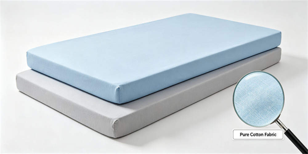 Cotton mattress cover shown on complete foam pads with a magnified view of the visible woven surface.