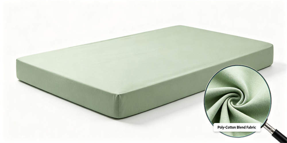 Polyester-cotton mattress cover shown on a finished foam pad with a magnified fabric surface view.