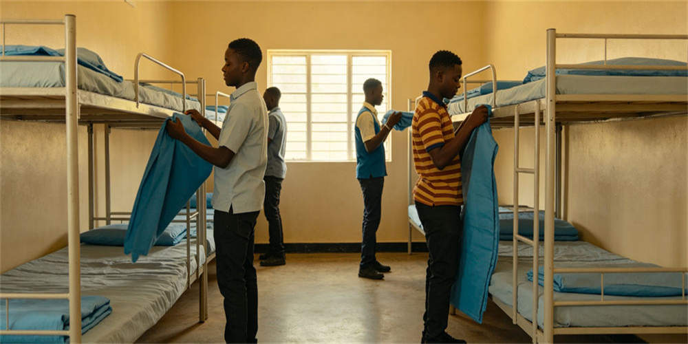 Finished foam mattresses being fitted to bunk beds in an institutional school dormitory during an organized facility setup.