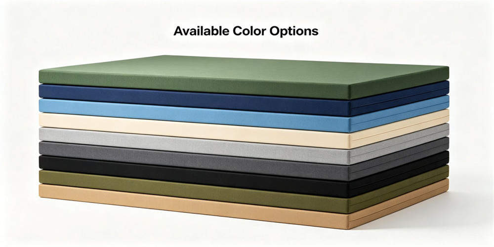 Finished foam mattresses stacked in multiple restrained colors for project configuration review.