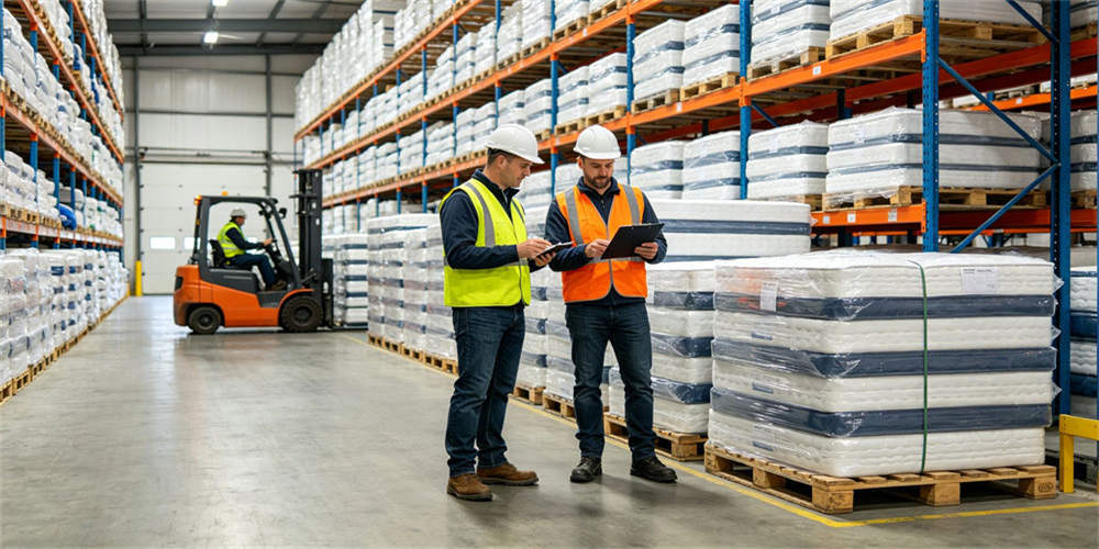 Warehouse team reviewing palletized mattress stock prepared for bulk order dispatch during bulk order preparation.