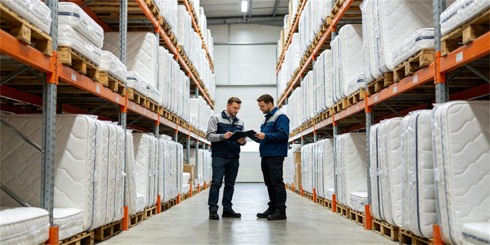 Packaged mattresses stored on warehouse racks while staff review inventory for bulk order preparation.