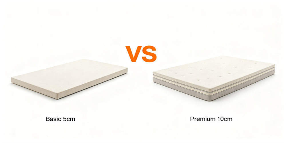 Two finished foam mattress thickness options displayed side by side to support buyer comparison questions.