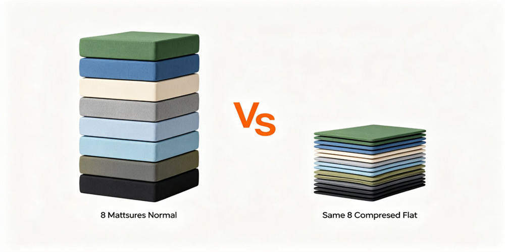 Normal and compressed foam mattress stacks displayed together to illustrate shipping-volume reduction.