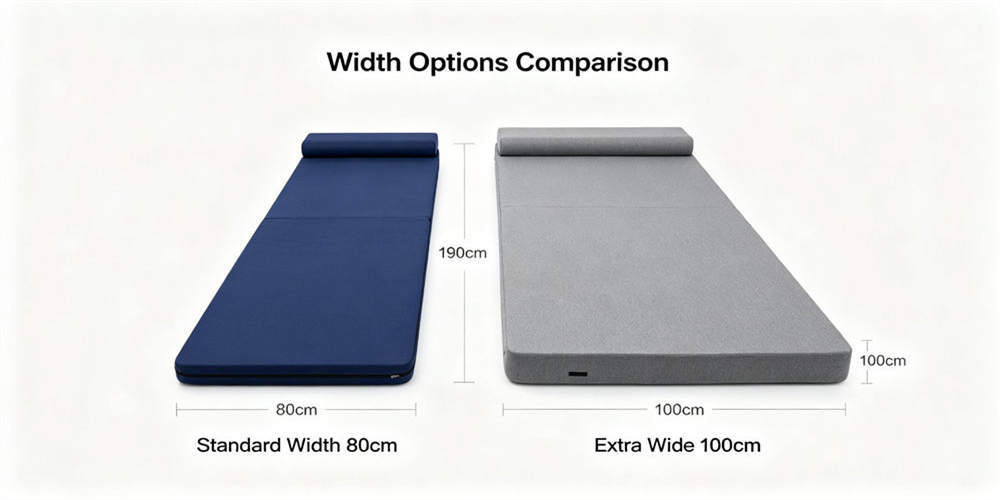Two folding foam mattress widths displayed together with visible measurement guides for specification review.