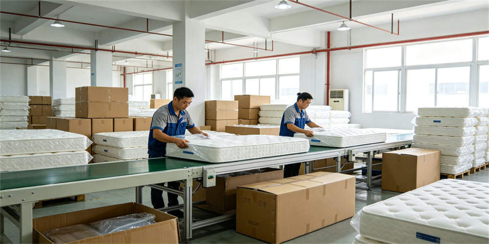 Workers packing finished mattresses at organized production stations during bulk order preparation.