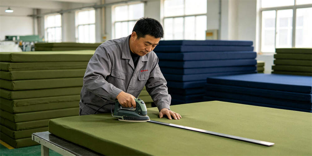 military foldable mattress factory production foam cutting chinese worker YRF textile China manufacturer