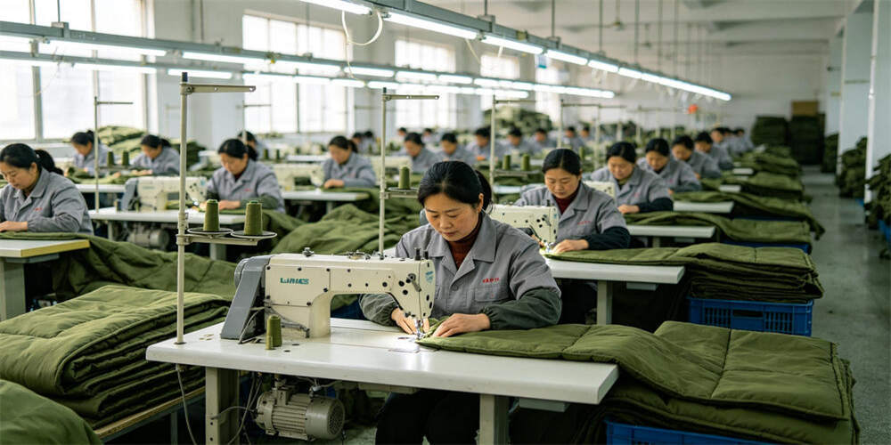 military foldable mattress factory production sewing line chinese workers YRF textile China manufacturer