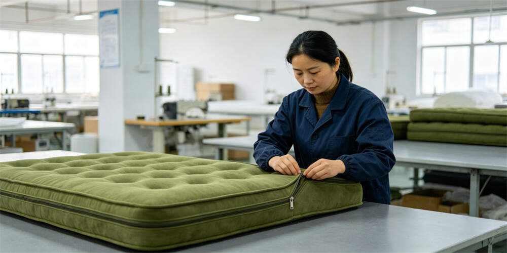 military foldable mattress factory qc zipper inspection chinese worker YRF textile China manufacture