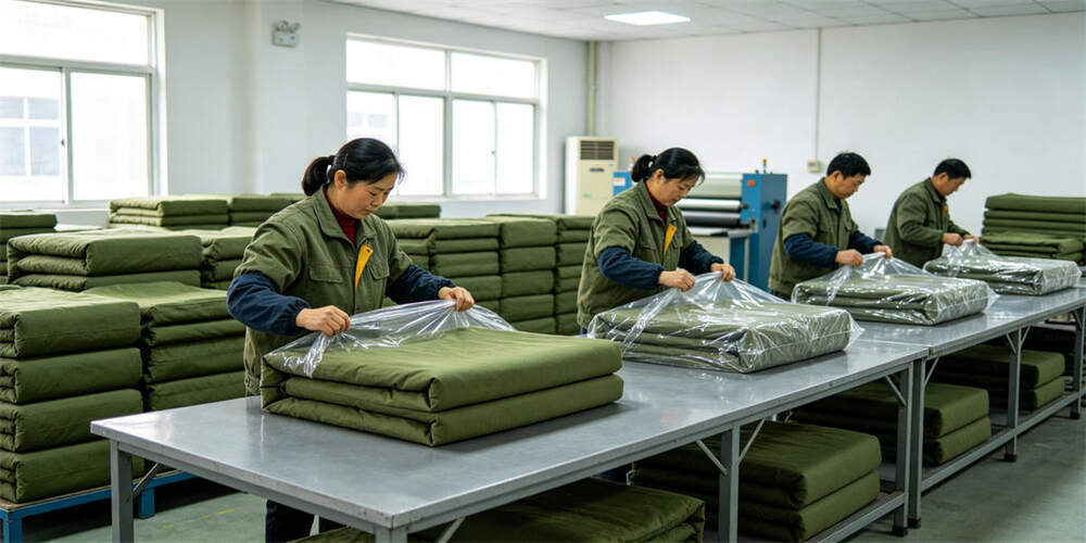 military foldable mattress factory packaging packing chinese workers YRF textile China manufacturer 