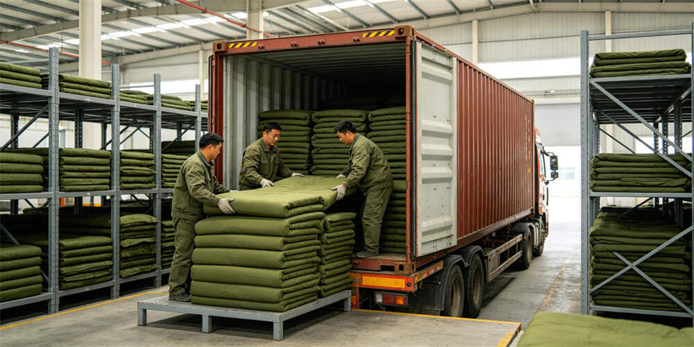 military foldable mattress logistics container loading chinese workers YRF textile China manufacture