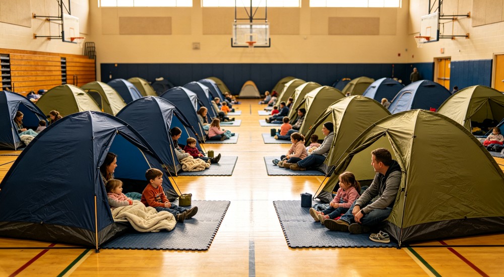 Gymnasium family emergency shelter with indoor privacy tents