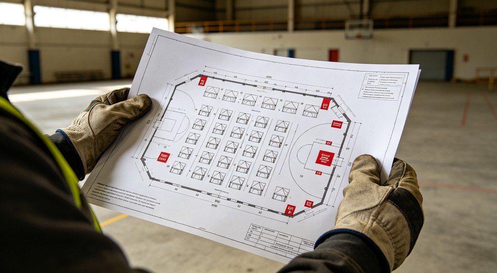 Venue floor plan showing indoor shelter tent layout and aisle widths