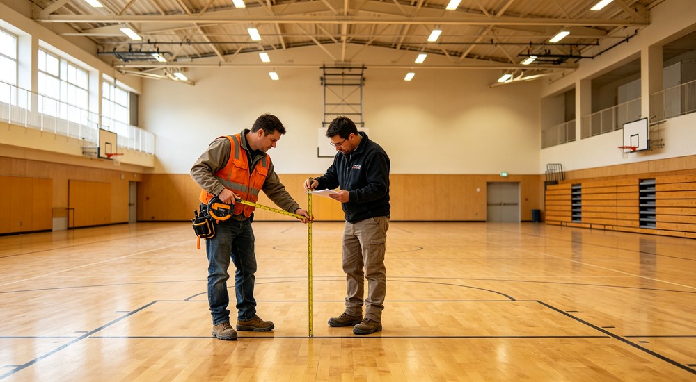 Workers measuring gymnasium floor for indoor shelter tent placement