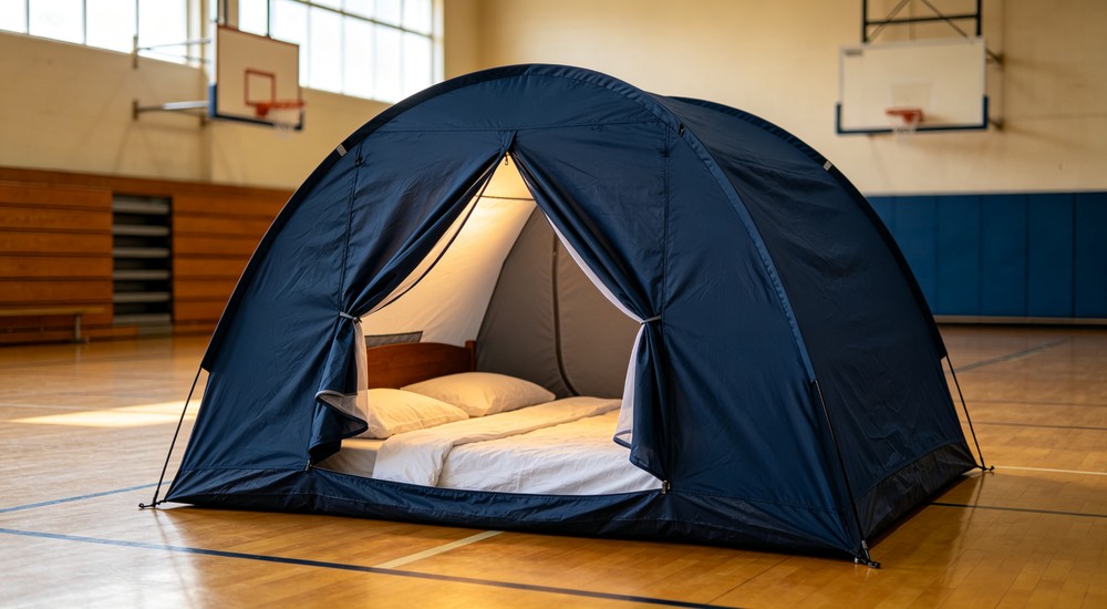 Family privacy indoor shelter tent with closed door in gymnasium