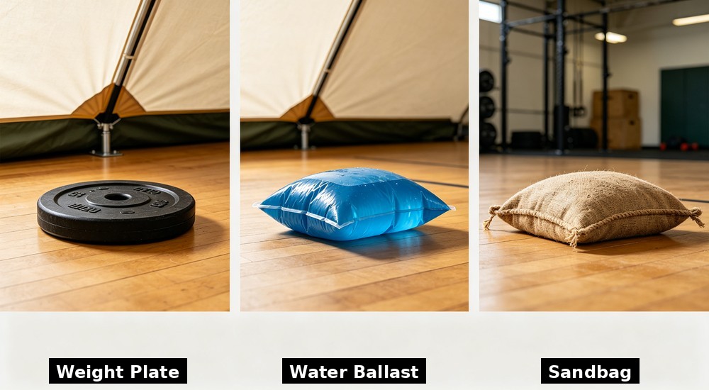 No-drill indoor tent stability methods: weight plate, water ballast, sandbag