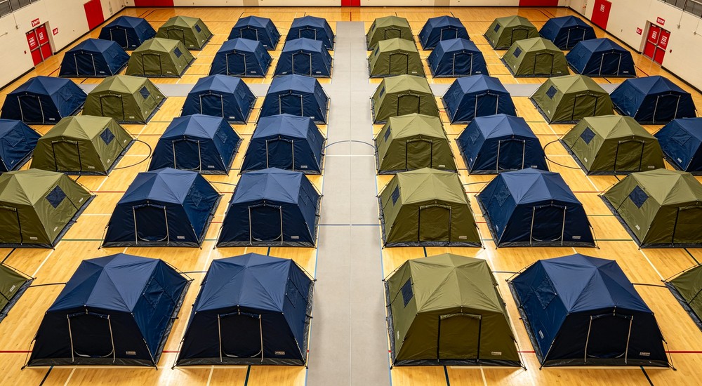 Indoor shelter tent aisle planning with wide clear walkways in gymnasium
