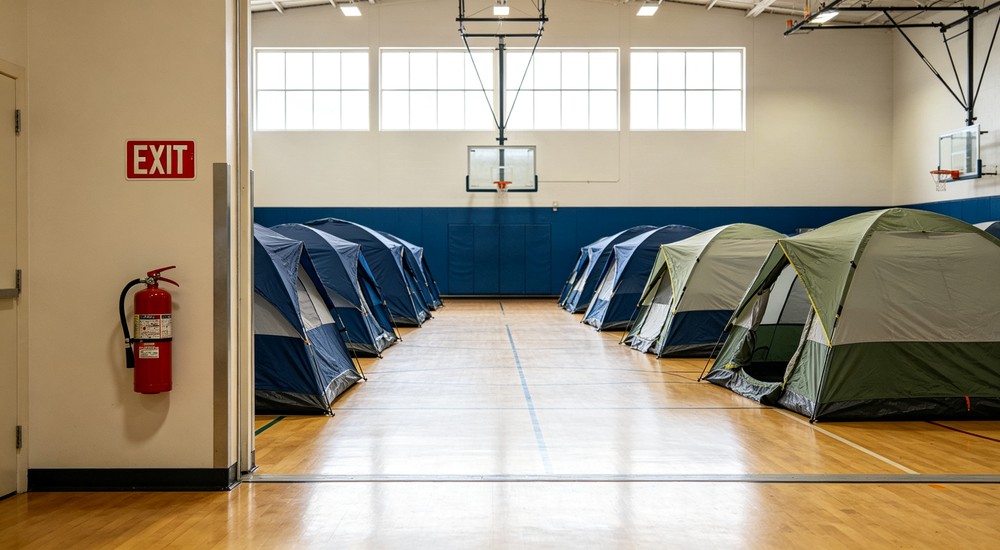 Indoor shelter tent exit protection with clear path to emergency exit