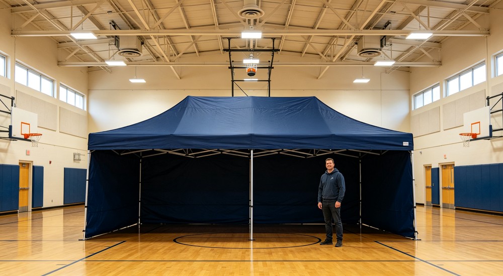 Indoor shelter tent height matching with person standing at entrance