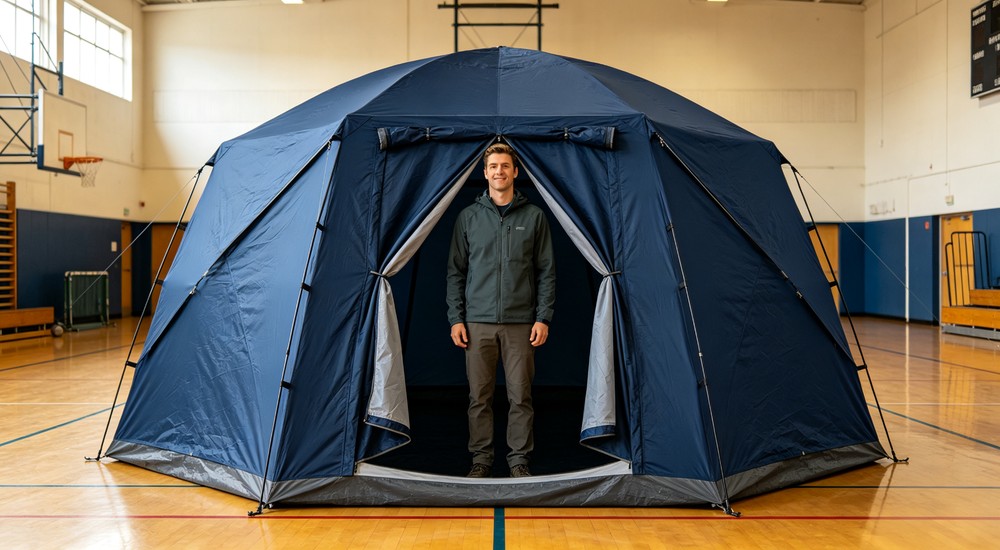 Indoor shelter tent door height comparison for accessibility