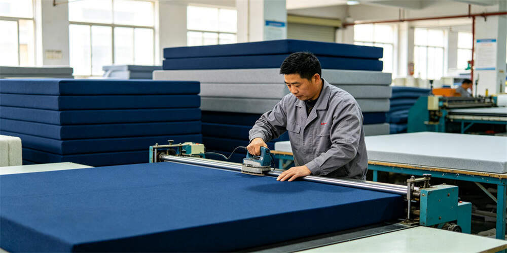 school dormitory thin mattress factory production foam cutting chinese worker navy blue YRF