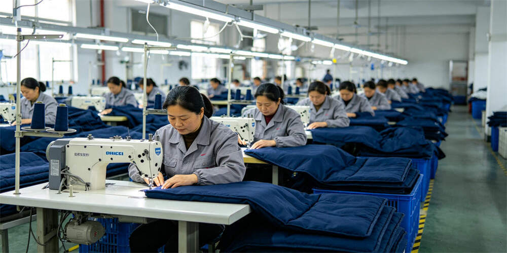 school dormitory thin mattress factory production sewing line chinese workers navy blue YRF textile 