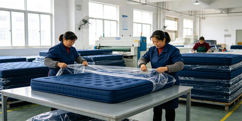 school dormitory thin mattress factory packaging packing chinese workers navy blue YRF textile China