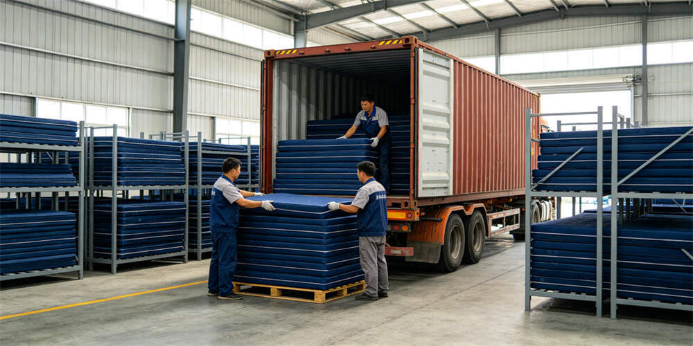 school dormitory thin mattress logistics container loading chinese workers navy blue YRF textile China