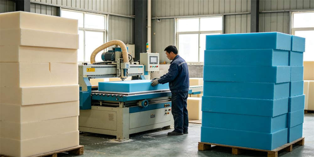 emergency relief compressed mattress factory production foam cutting Chinainese worker YRF textile Chinain