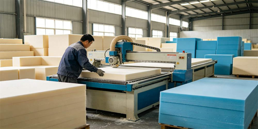 refugee camp budget mattress factory foam cutting chinese worker YRF textile China manufacturer wholesale