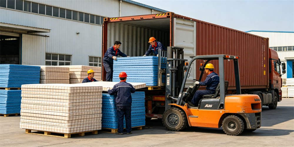refugee camp budget mattress logistics container loading chinese workers YRF textile China manufacturer