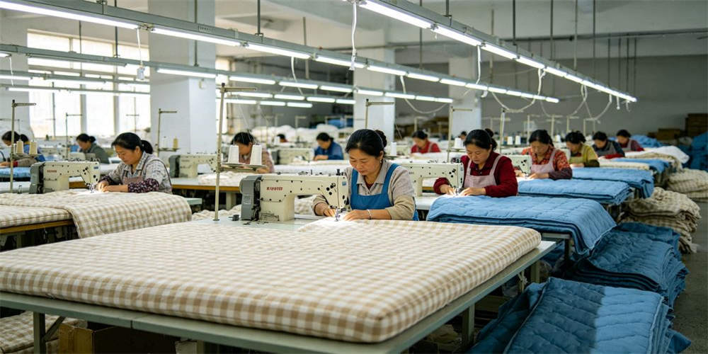 refugee camp budget mattress factory sewing workshop chinese workers YRF textile China manufacturer 