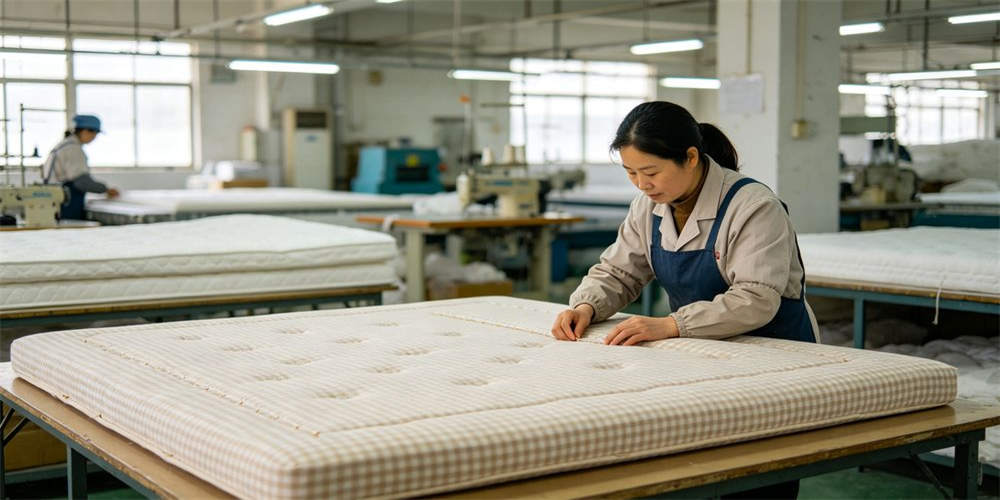 refugee camp budget mattress factory qc inspection chinese worker YRF textile China manufacturer wholesale