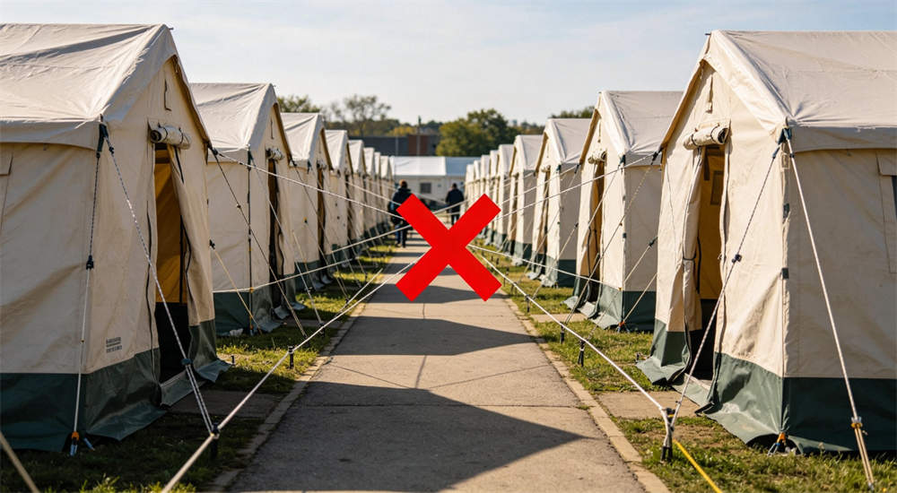 Error example of outdoor relief frame tent with tight spacing in beige showing tents placed too close together violating clearance distance with red X error marker