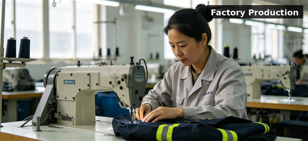 Factory worker sewing turnout gear for institutional procurement, inspection and supply planning