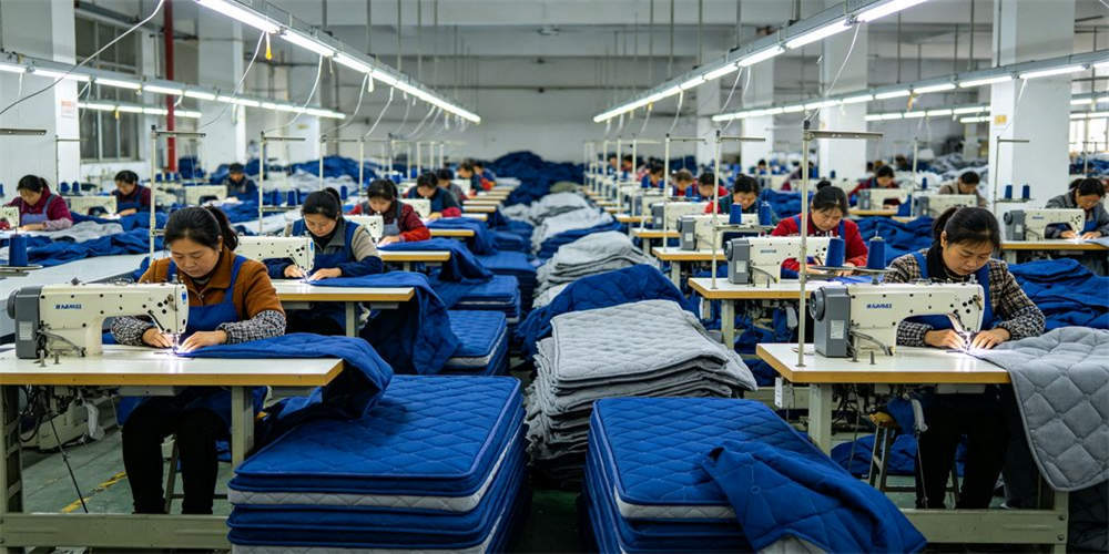 high density foam mattress factory sewing workshop chinese workers YRF textile China manufacturer wholesale
