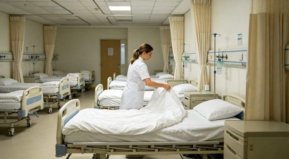 Hospital ward with clean white institutional bedding on adjustable beds Hospital ward with clean white institutional bedding on adjustable beds