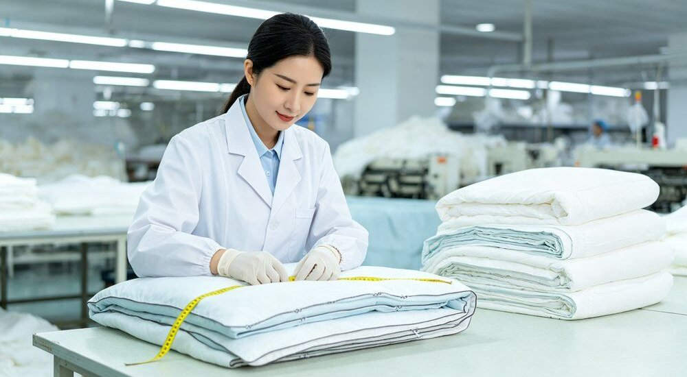 Quality control inspector checking stitching on institutional bedding set Quality control inspector checking stitching on institutional bedding set