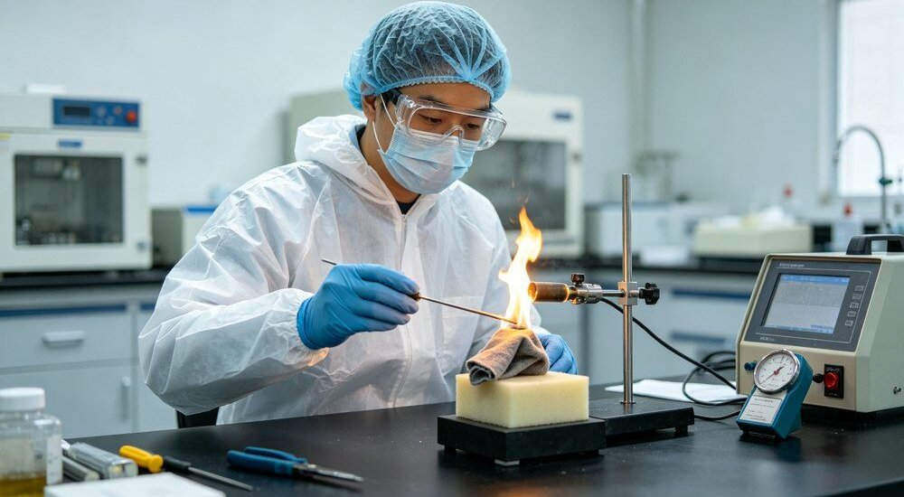 Flame retardant testing of institutional bedding fabric for safety compliance Flame retardant testing of institutional bedding fabric for safety compliance
