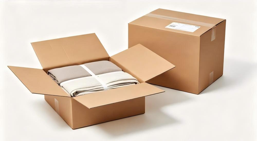 Warehouse staff labeling cartons of institutional bedding for bulk shipment