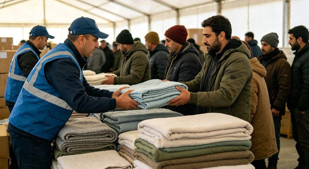 Humanitarian aid distribution of institutional bedding to disaster relief center