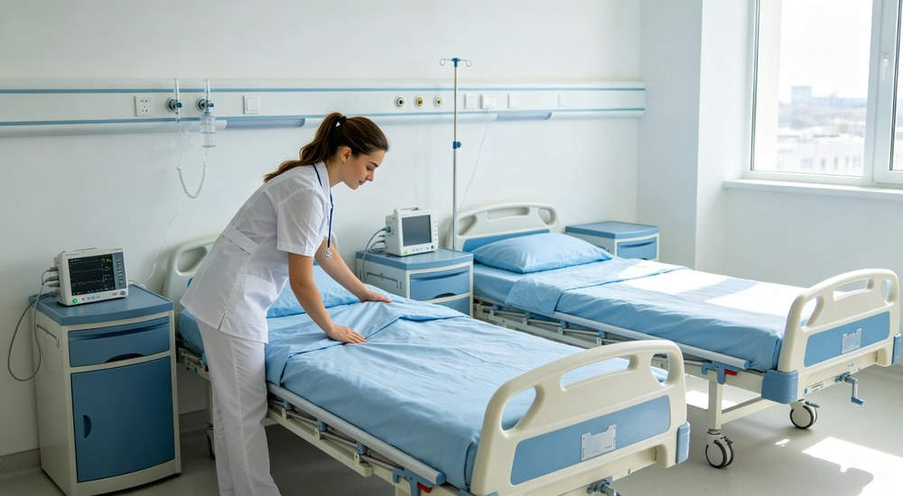 Hospital medical bedding in use at hospital ward with clean linen Hospital medical bedding in use at hospital ward with clean linen
