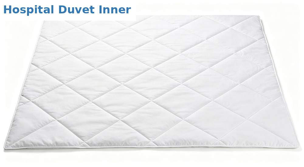 Hospital medical bedding in white showing product details
