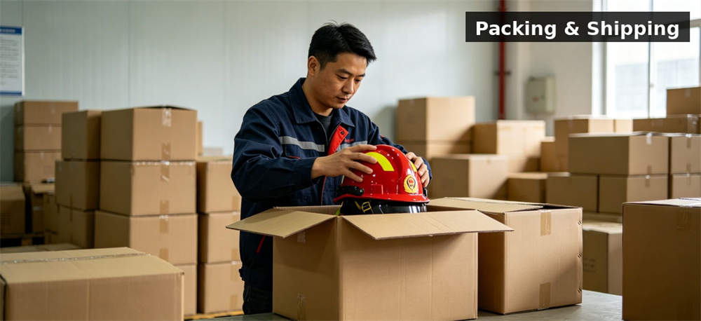 Warehouse worker packing helmets for institutional procurement, inspection and supply planning