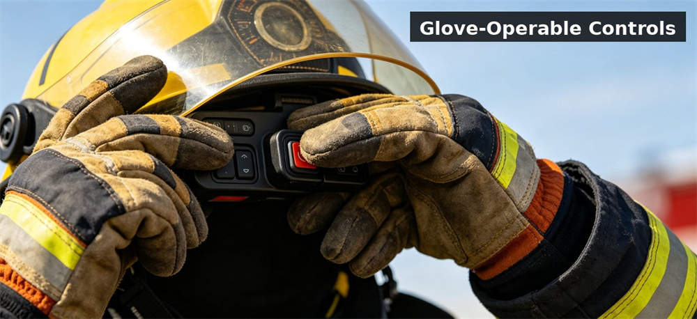 Firefighter trying helmet fit for institutional procurement, inspection and supply planning