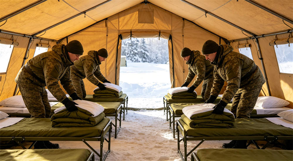 Military police bedding in military barracks dormitory setting