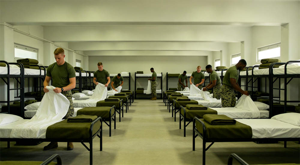 Military police bedding in military barracks dormitory setting