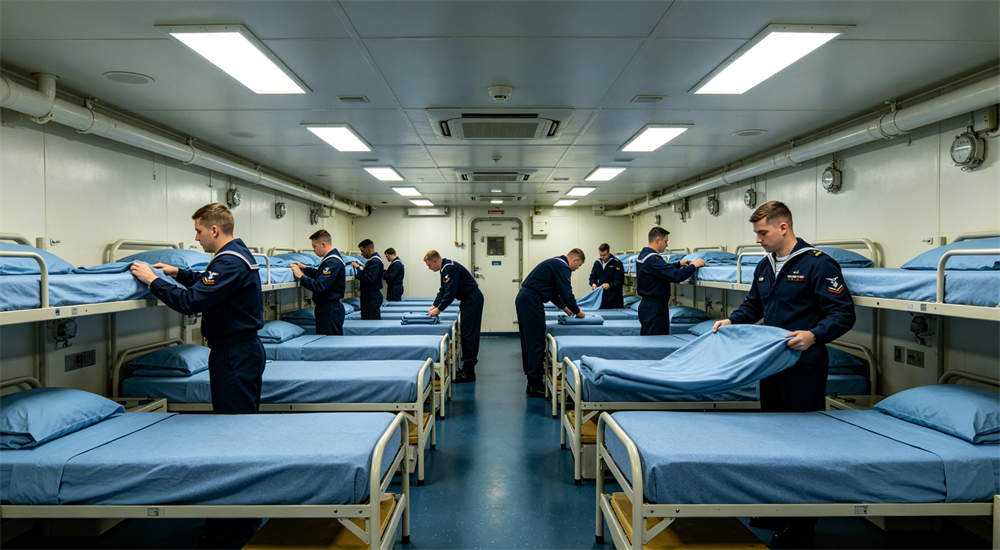 Military police bedding in navy blue showing product details