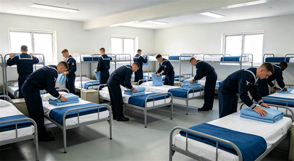 Military police bedding in military barracks dormitory setting