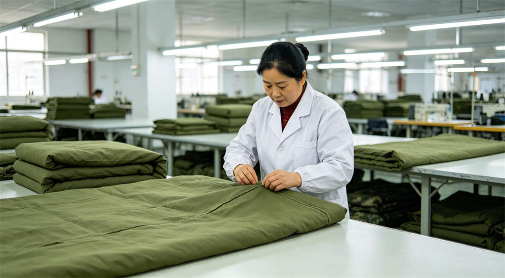 Quality inspection team checking military police bedding before shipment